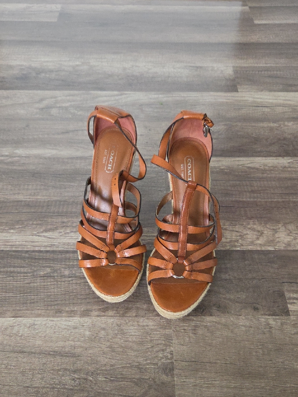Coach Brown Leather Strappy Espadrille Wedges